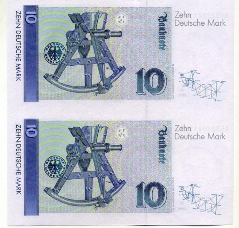 ФРГ 10 марок 1999 1 сентября 1999, Карл Фридрих Гаус, неразрезанные две боны Pick 38 d бумага UNC (пресс) 451-47-2