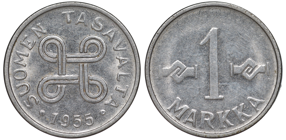 ФИНЛЯНДИЯ 1 МАРКА 1955 KM 36а железо плакированное никелем 3334-1236
