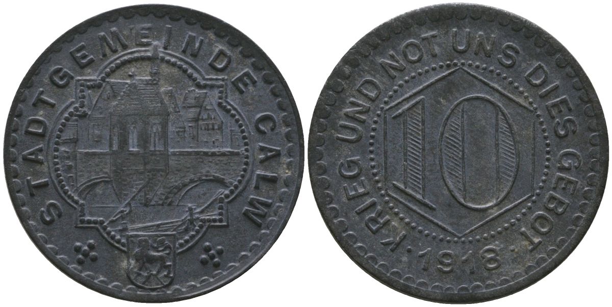 Кальв (Вюртемберг) 10 пфенингов 1918 Funck 73.5A цинк 4163-733