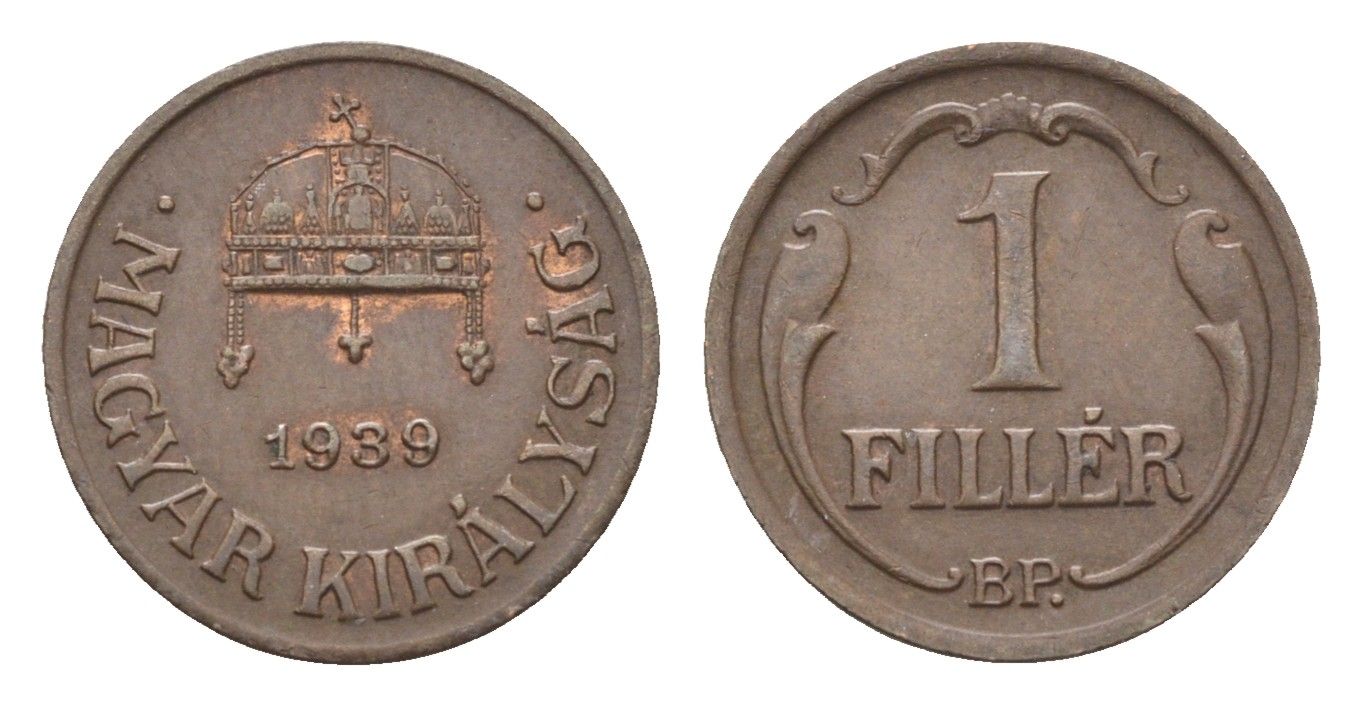 Венгрия 1 филлер 1939 BP, редкий год KM 505 бронза 4665-363