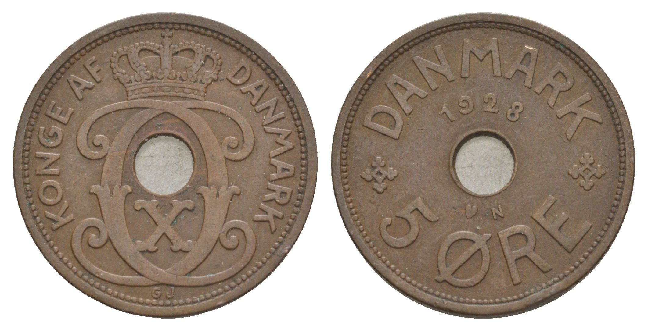 Дания 5 эре 1928 N, Кристиан X (1912-1947) KM 828 бронза 4638-615