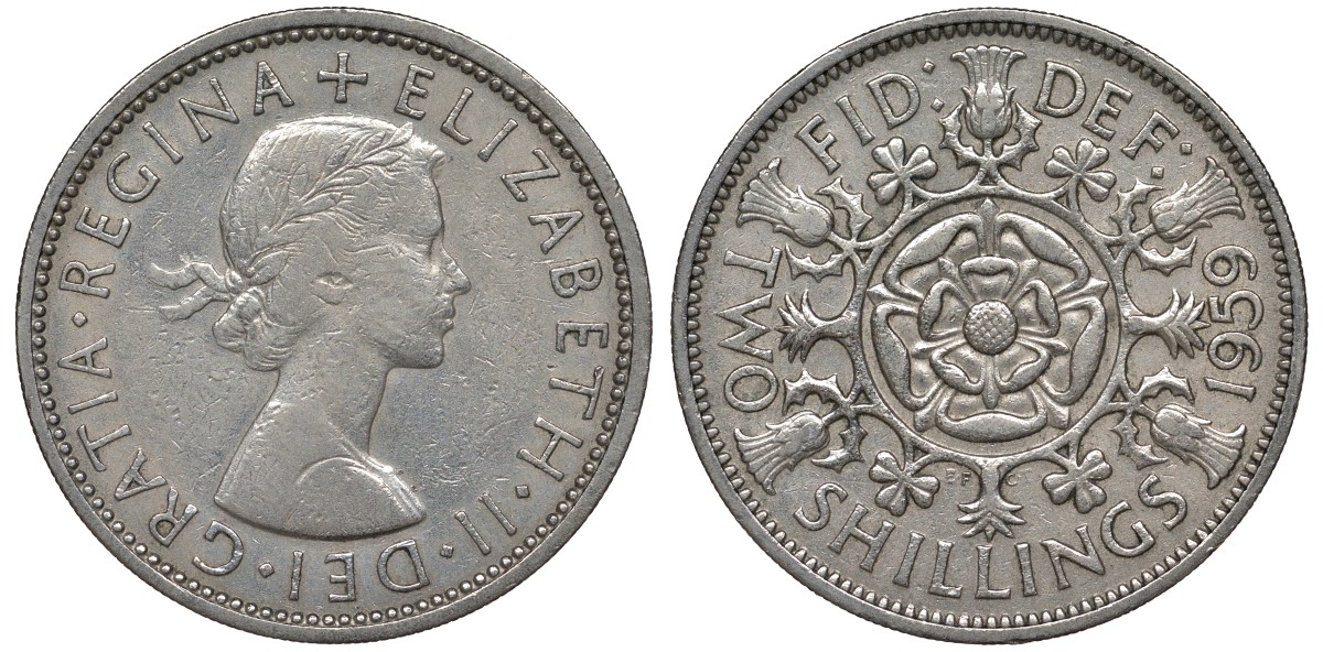 Великобритания 2 шиллинга (флорин) 1959 Елизавета II (1952-2022) KM 906, Spink 4146 медно-никель 4131-536