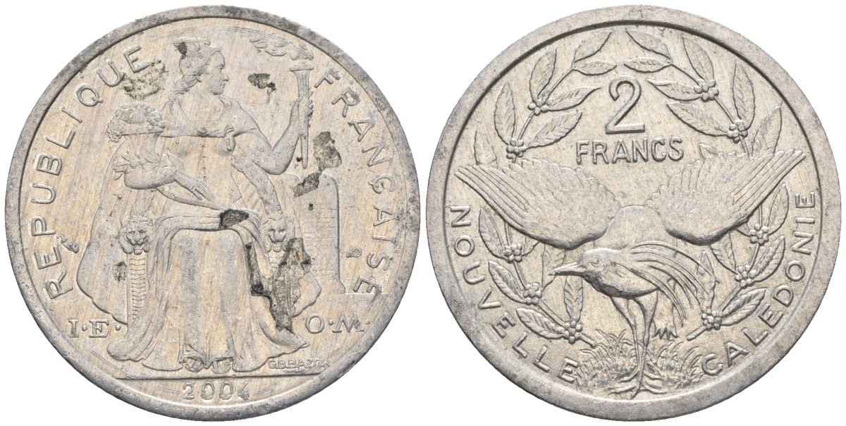 Французская Новая Каледония 2 франка 2004 птица кагу, (IEOM) KM 14, Schoen 11, Lec 68i алюминий    25-1711