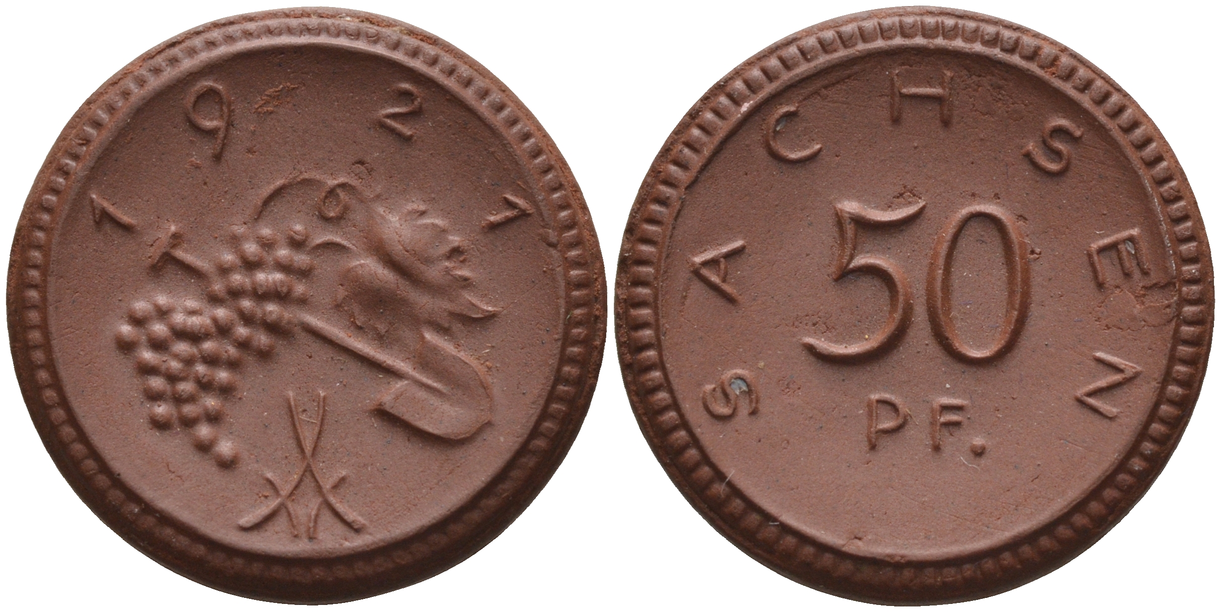 Саксония 50 пфеннигов 1921 виноград и лопата J. N 54 фарфор 1094-5-13