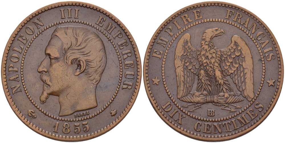Франция 10 сантимов 1855 BB, Наполеон III (1852-1870) KM 771.3, LE FRANC 133.23 бронза 221-142
