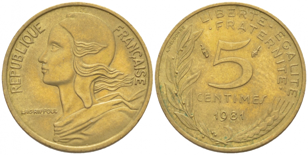 ФРАНЦИЯ 5 САНТИМОВ 1981 ТИП MARIANNE KM 933 медь алюминий никель 3309-1045