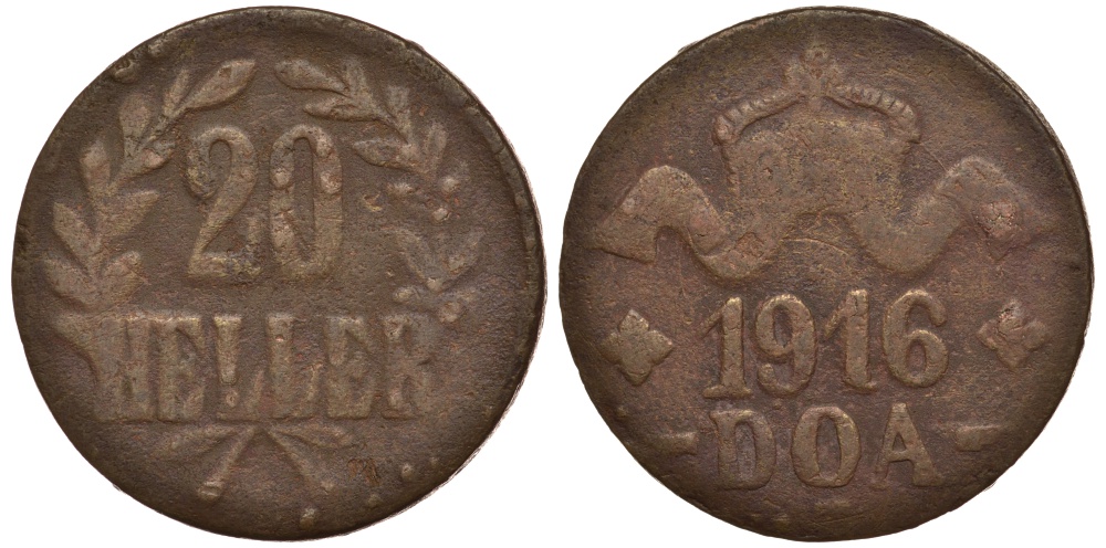 Немецкая Восточная Африка (Танзания) 20 геллеров 1916 T - Ost-Africa, большая корона, буквы LL острые, RRR медь Jaeger 725 a, KM 15, WK 25 a 00-803-24