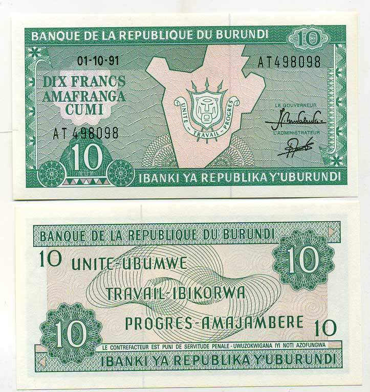 Бурунди 10 франков 1991 карта Бурунди Pick 33b бумага UNC (пресс) 448-2-1