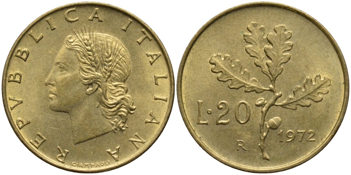 Италия 20 лир 1972 R, дубовая ветвь KM 97.2 алюминиевая бронза 4171-914