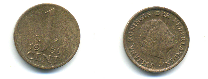 Нидерланды 1 цент 1954 Юлиана (1949-1980) KM 180 бронза 4379-1157