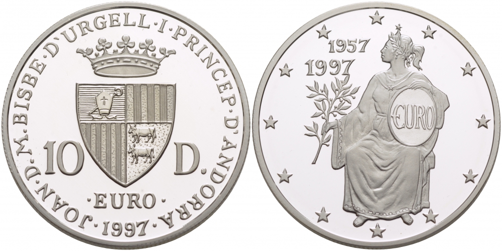 Андорра 10 динеров 1997 40 лет Римскому договору KM 130 серебро PROOF 1068-5-22