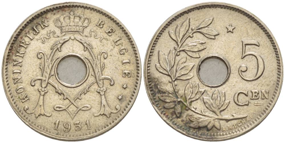 БЕЛЬГИЯ 5 САНТИМОВ 1931 BELGIE, ЗВЕЗДА НАД "5" KM 94 никель латунь 4546-125