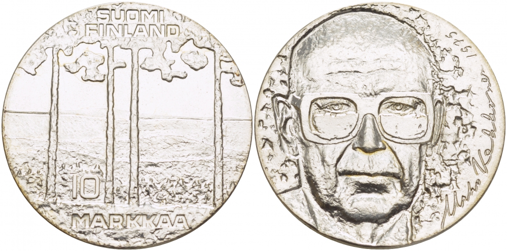 Финляндия 10 марок 1975 S-H, 75 лет президенту Урхо Кекконену KM 54 серебро UNC 1515-1614