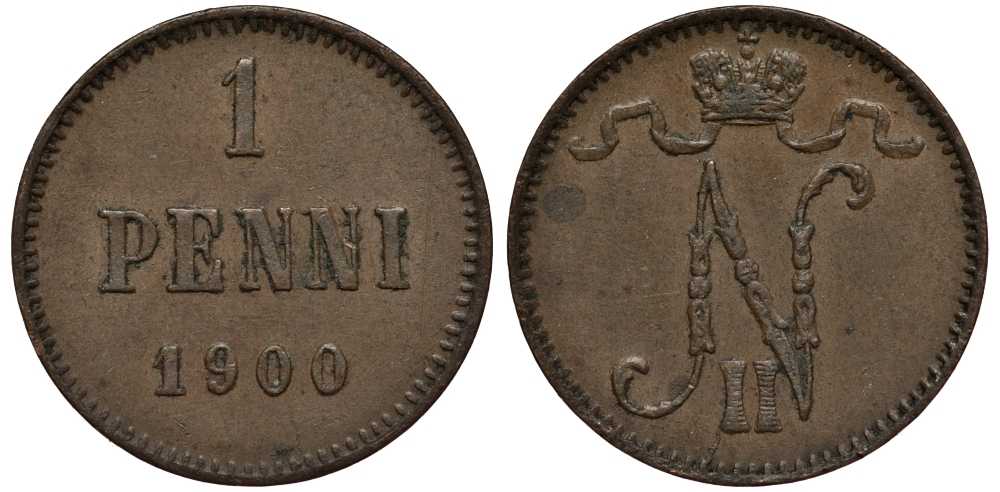 РОССИЯ ДЛЯ ФИНЛЯНДИИ 1 ПЕННИ 1900 НИКОЛАЙ II Биткин 461 медь 3309-824