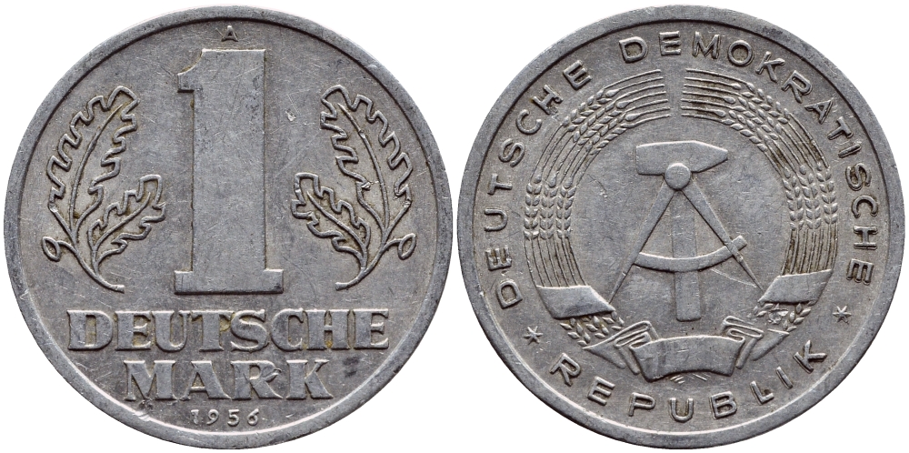 ГДР 1 МАРКА 1956 А, ПЕРВЫЙ ГОД KM 13 алюминий 4398-756