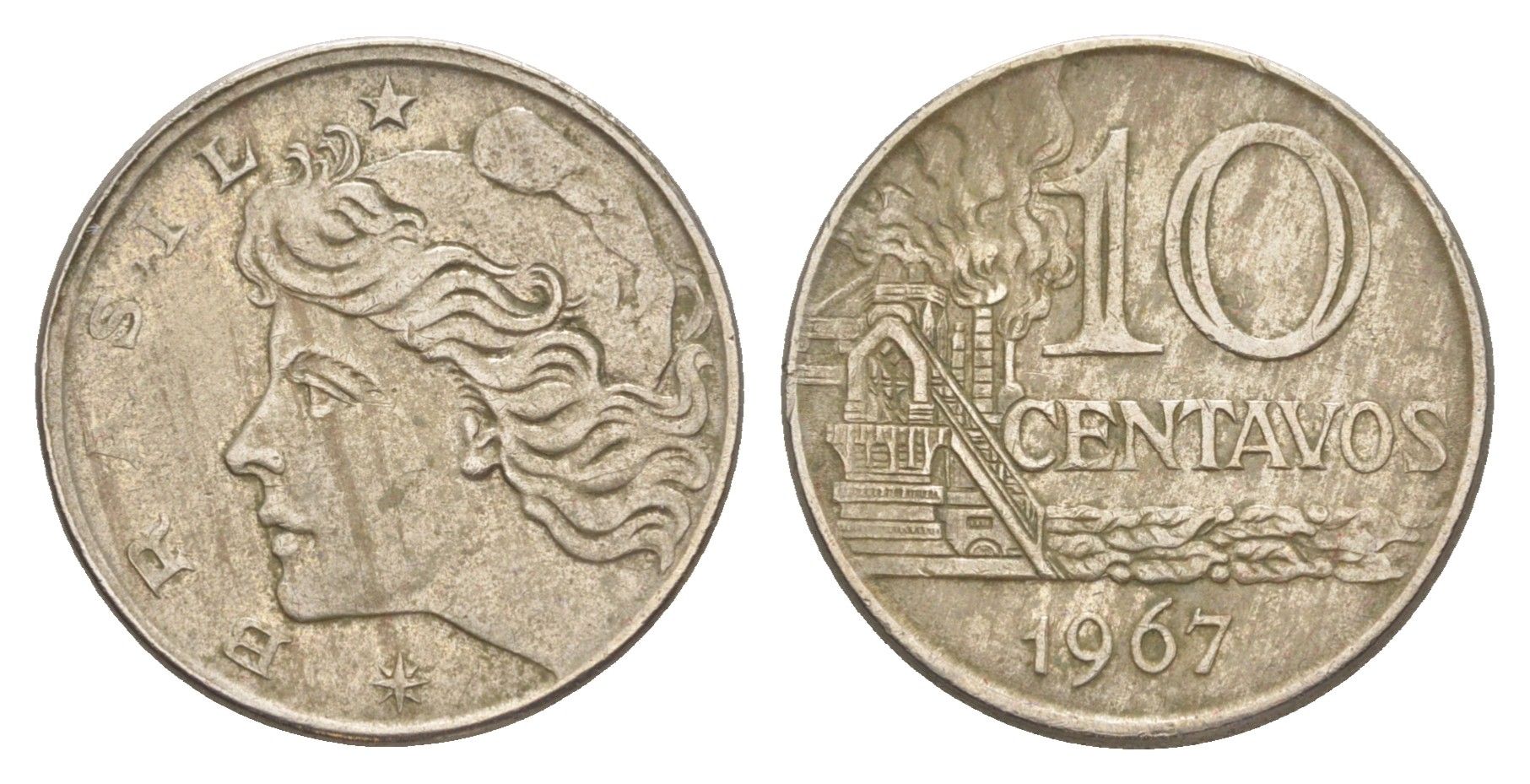 Бразилия 10 сентаво 1967 KM 578.1 медно-никель 4644-433