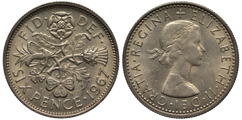 Великобритания 6 пенсов 1967 Елизавета II (1952-2022) KM 903, Spink 4149 медно-никель 4539-217