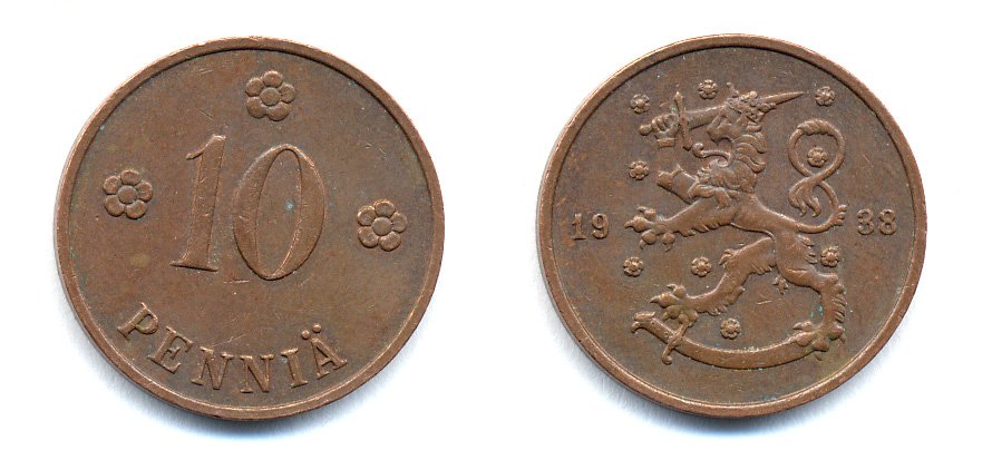 Финляндия 10 пенни 1938 KM 24 медь 51-5651