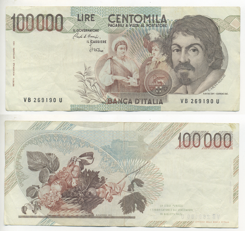 Италия 100000 лир 1983 Караваджо, фруктовый букет, подпись Speziali Pick 110b бумага 7220-31-2