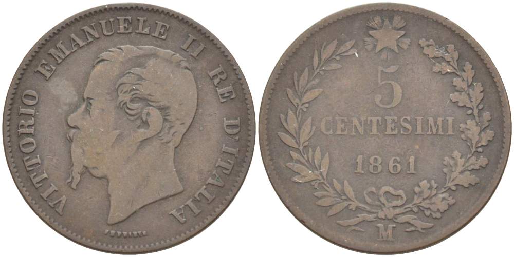 ИТАЛИЯ 5 ЧЕНТЕЗИМО 1861 М, МОНДВОР МИЛАН, ВИКТОР ЭММАНУИЛ II (1861-1878) KM 3.2 медь 4182-1256
