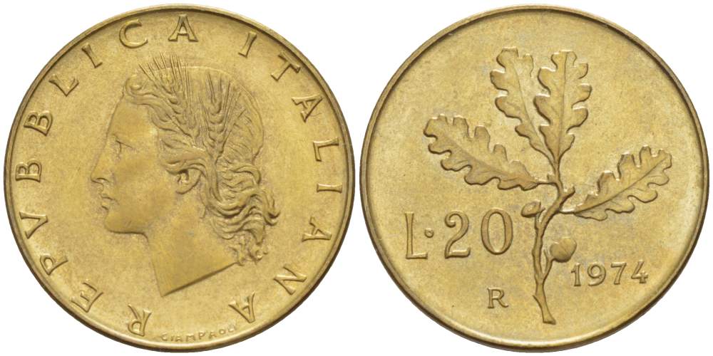 ИТАЛИЯ 20 ЛИР 1974 R, ДУБОВЫЕ ЛИСТЬЯ KM 97.2 алюминиевая бронза 4519-1054