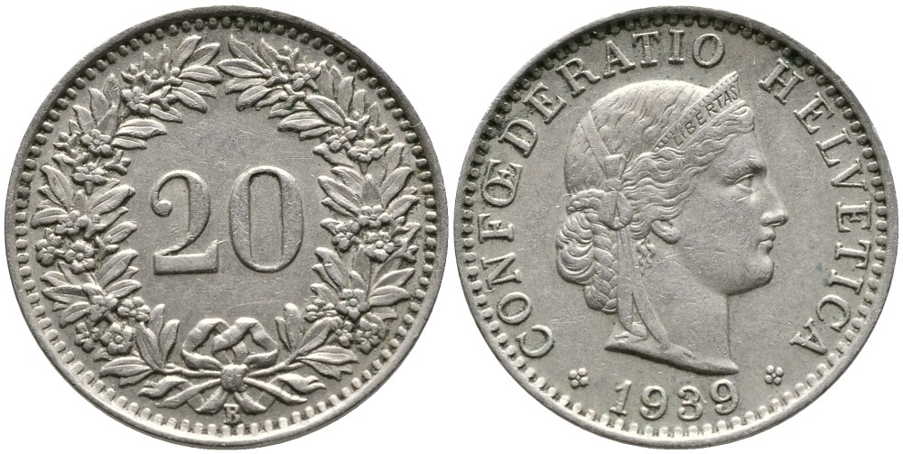 ШВЕЙЦАРИЯ 20 РАППЕНОВ 1939 В KM 29а медно-никель 4539-542