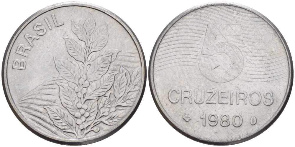 БРАЗИЛИЯ 5 КРУЗЕЙРО 1980 КОФЕ KM 591 сталь 58-1121