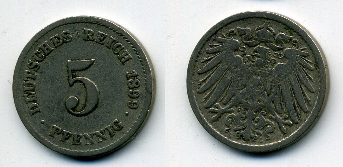 ГЕРМАНИЯ 5 ПФЕННИГОВ 1899 D, KM 11, J. 12 медно-никель 58-531