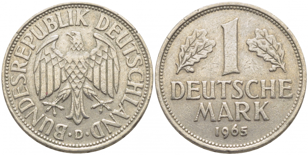 ФРГ 1 МАРКА 1965 D J.385, KM 110 медно-никель 3856-114