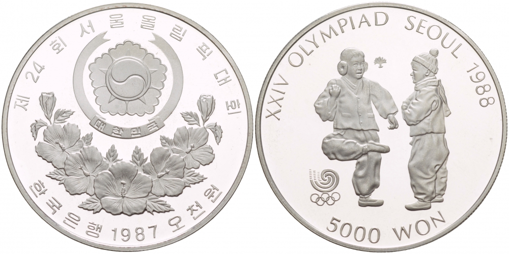 Южная Корея 5000 вон 1987 XXIV Летние Олимпийские игры в Сеуле 1988 года, национальный спорт Chegi Kicking KM 61 серебро PROOF 02-117-33