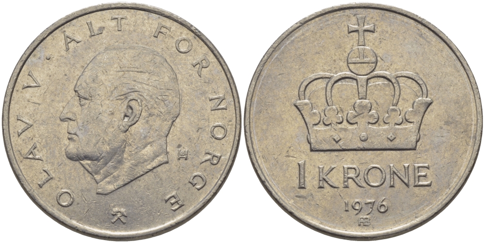 НОРВЕГИЯ 1 КРОНА 1976 ОЛАВ V (1957-1991) KM 419 медно-никель 80-1134