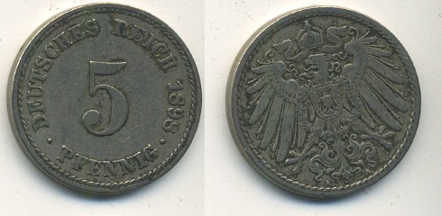 ГЕРМАНИЯ 5 ПФЕННИГОВ 1897 A, KM 11, J. 12 медно-никель 54-574