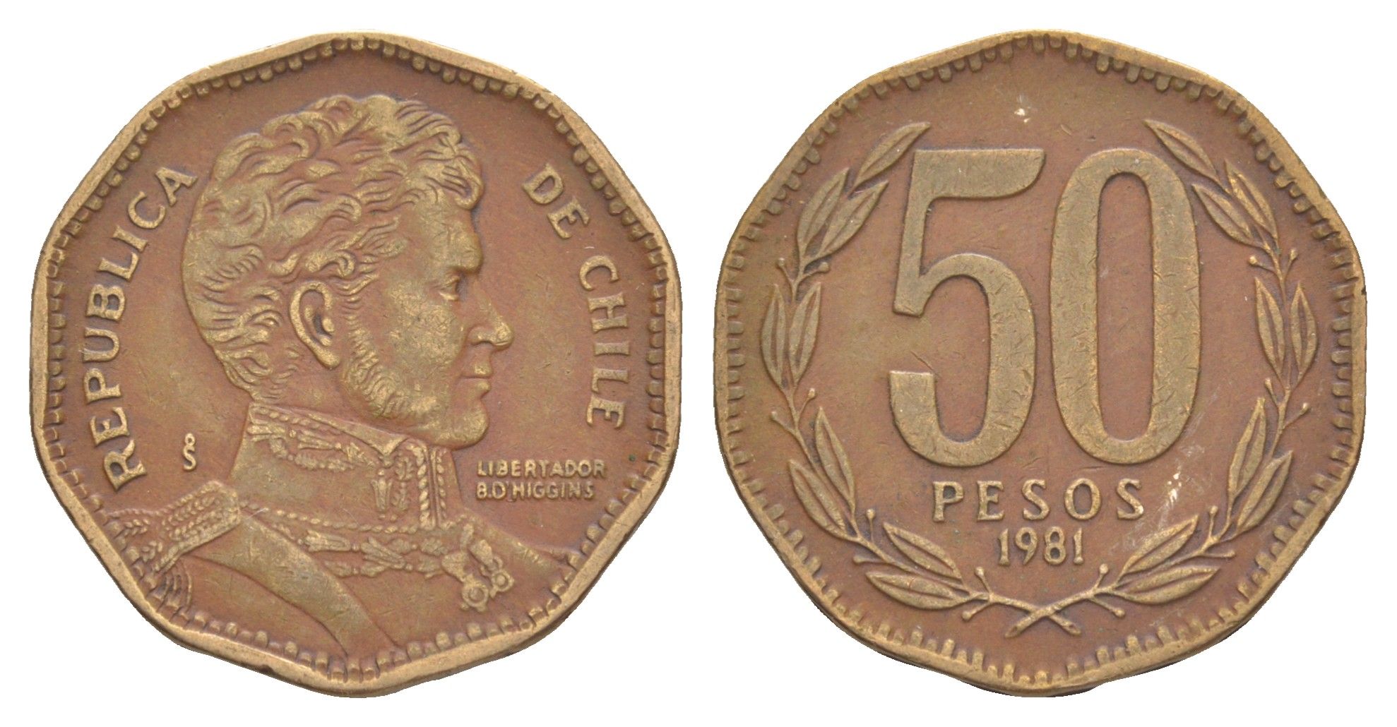 Чили 50 песо 1981 KM 219 алюминиевая бронза 4637-443