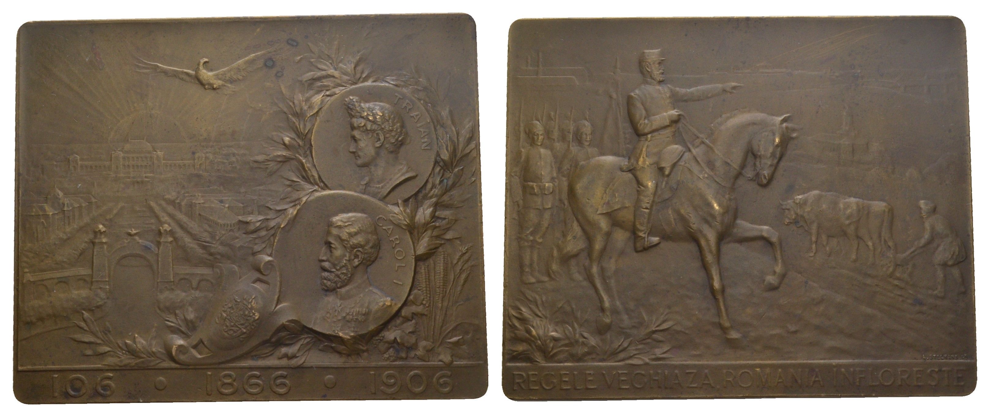 Румыния плакетка 1906 "Король наблюдает, Румыния процветает" по случаю Всеобщей румынской выставки 1906, на реверсе рядом с изображением императора Траяна были изображены портреты короля Кароля I,  Луис Стельманс, 70x83 мм, 189,9 гр бронза 11-129-13-2