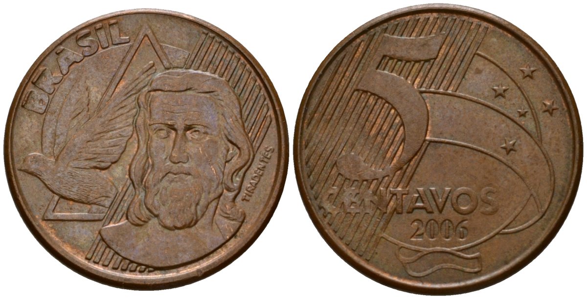 Бразилия 5 сентаво 2006 KM 648 сталь плакированная медью 219-627
