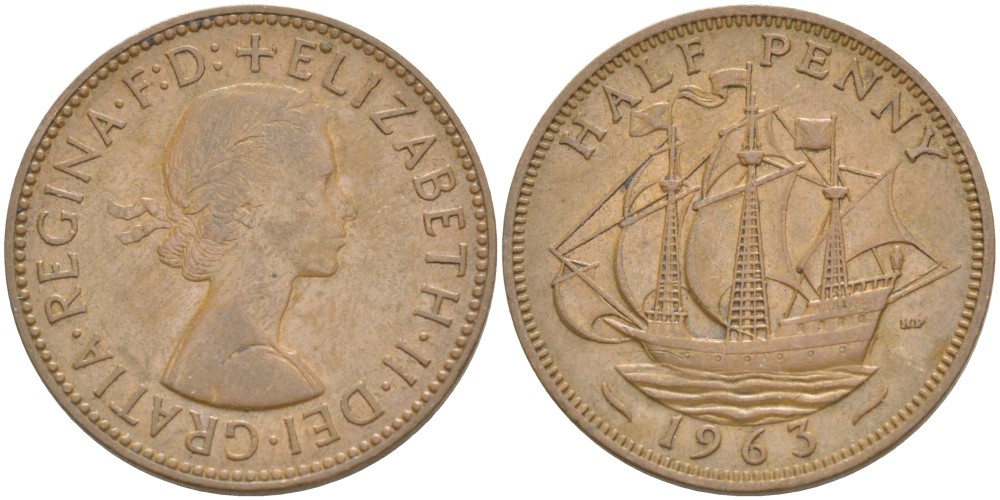 Великобритания 1/2 пенни 1963 Елизавета II (1952-2022) KM 896, Spink 4158 бронза 4544-135
