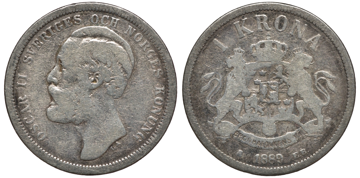 Швеция 1 крона 1889 EB, Оскар II (1872-1907) король Швеции и Норвегии KM 747 серебро 4178-513