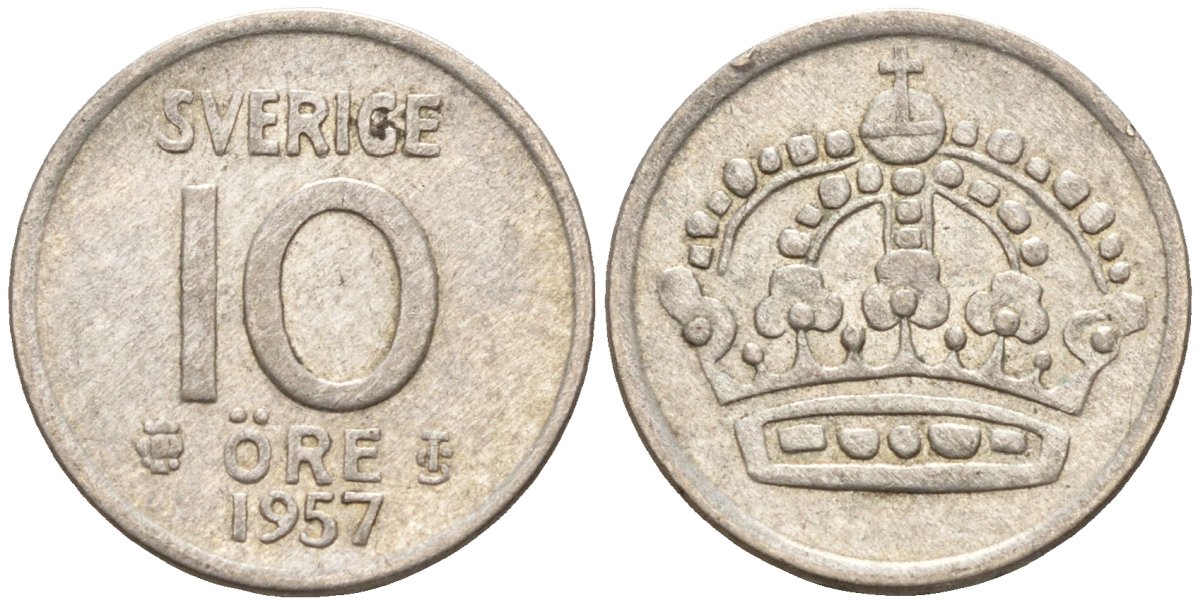 Швеция 10 эре 1957 Густав VI Адольф (1950-1973) KM 823 серебро 4147-918