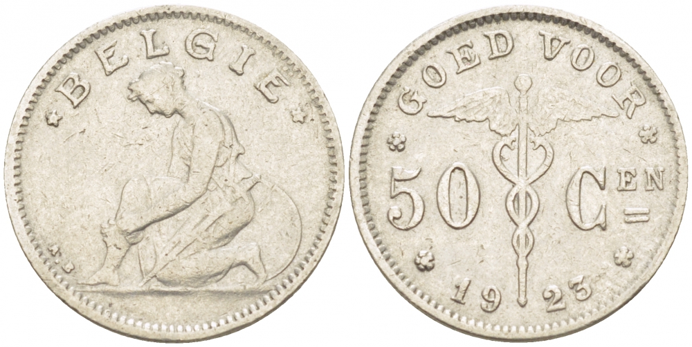 БЕЛЬГИЯ 50 САНТИМОВ 1923 BELGIE KM 88 никель 261-1659