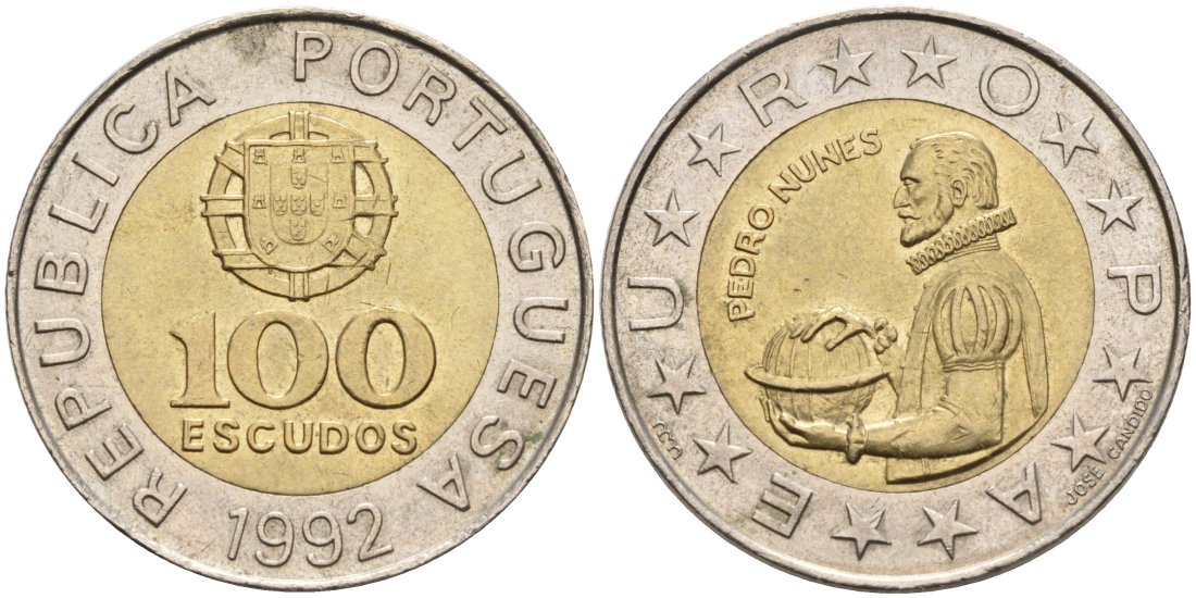 Португалия 100 эскудо 1992 Педру Нуниш (1502-1578), математик KM 645.1 биметалл 4571-954