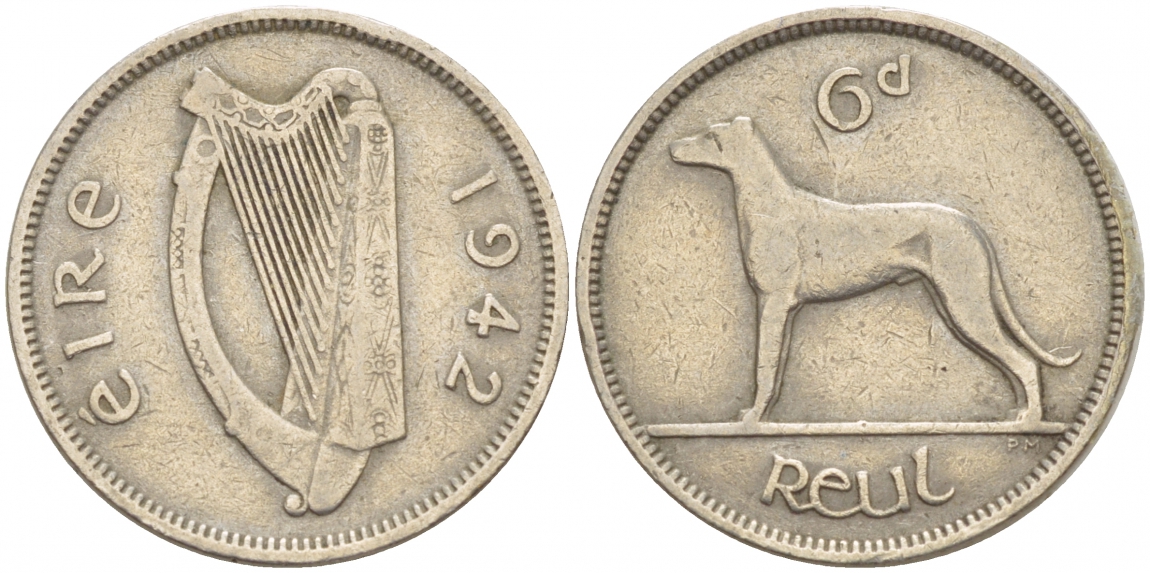 ИРЛАНДИЯ 6 ПЕНСОВ 1942 ИРЛАНДСКИЙ ВОЛКОДАВ KM 13а медно-никель 4544-1146