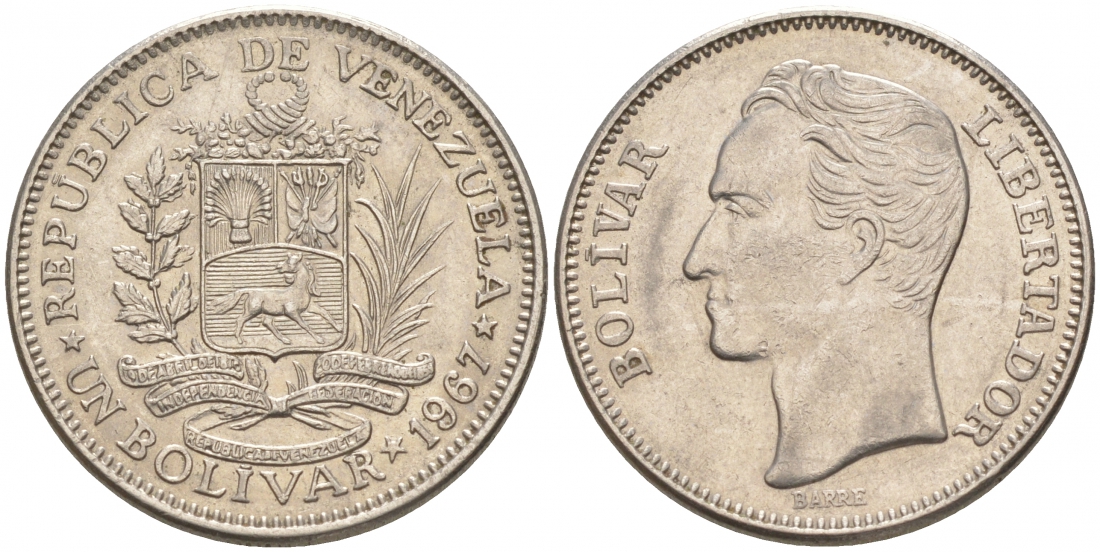 Венесуэла 1 боливар 1967 Симон Боливар KM 42 никель 68-717