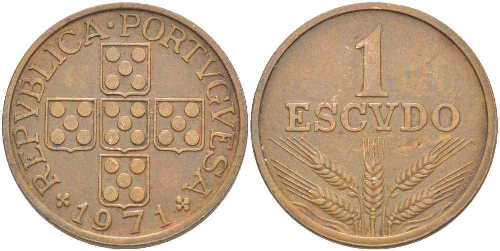 Португалия 1 эскудо 1971 KM 597 бронза 4517-444