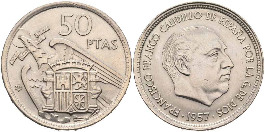 Испания 50 песет 1957(59) Франсиско Франко (1939-1975) KM 788 медно-никель 4572-534