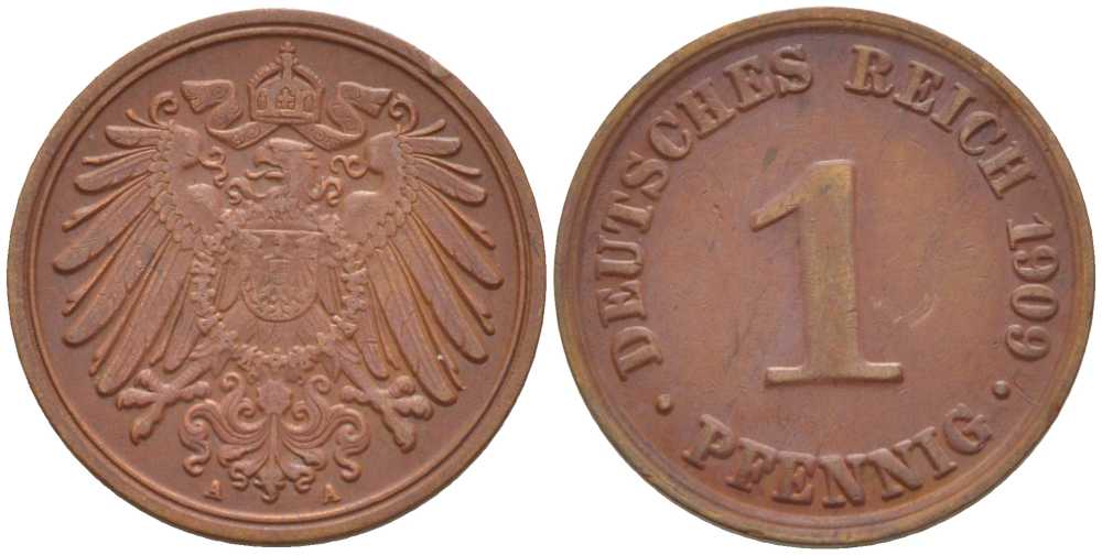 ГЕРМАНИЯ 1 ПФЕННИГ 1909 A KM 10, J. 10, Weege 2 медь 211-415