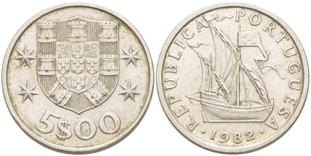 ПОРТУГАЛИЯ 5 ЭСКУДО 1982 ПАРУСНИК KM 591 медно-никель 4513-1054