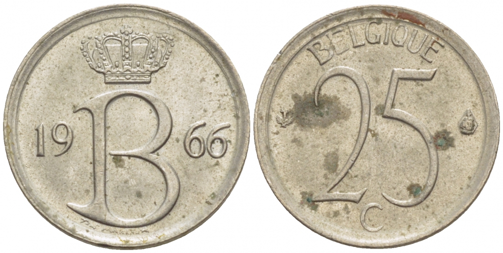 БЕЛЬГИЯ 25 САНТИМОВ 1966 BELGIQUE, МОНЕТНЫЙ ТИП KM 153.1 медно-никель 4528-137