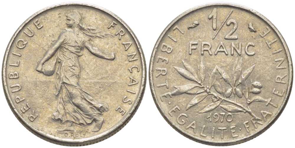 ФРАНЦИЯ 1/2 ФРАНКА 1970 СЕЯТЕЛЬ KM 931.1, LE FRANC 198.9 никель 175-935