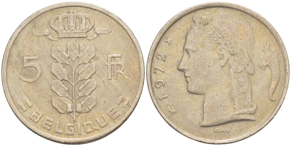 Бельгия 5 франков 1972 Belgique, Бодуэн I (1951-1993) KM 134.1 медно-никель 4546-323
