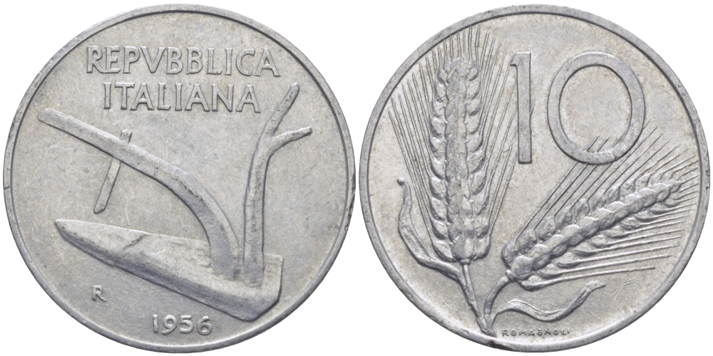 ИТАЛИЯ 10 ЛИР 1956 R, ПЛУГ KM 93 алюминий 28-126